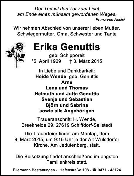 Erika Genuttis Gedenken Nordsee Zeitung