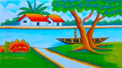 How To Draw River Side Scenery Drawing Beautiful Landscape Village