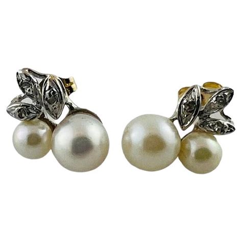 Vintage 14k Yellow Gold Pearl And Diamond Post Earrings For Sale At 1stdibs