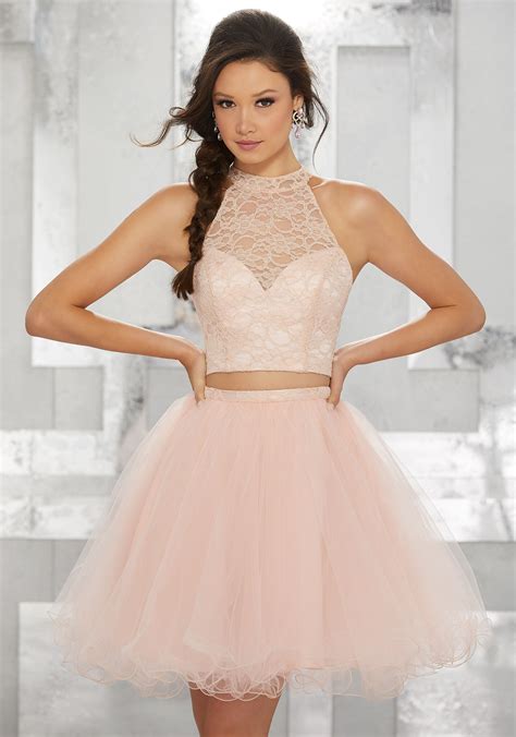 Two Piece Party Dress With High Halter Lace Bodice And Tulle Skirt