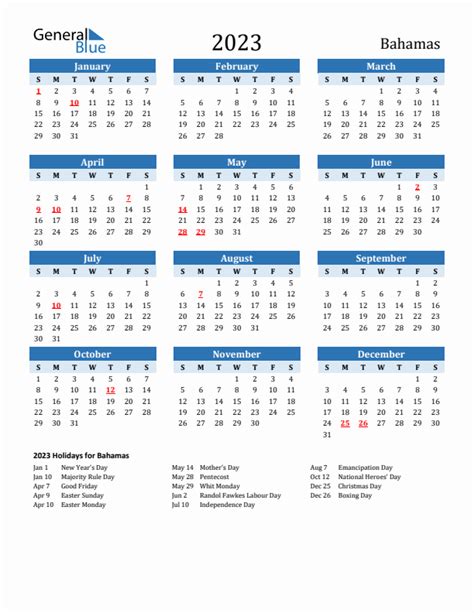 2023 Bahamas Calendar With Holidays