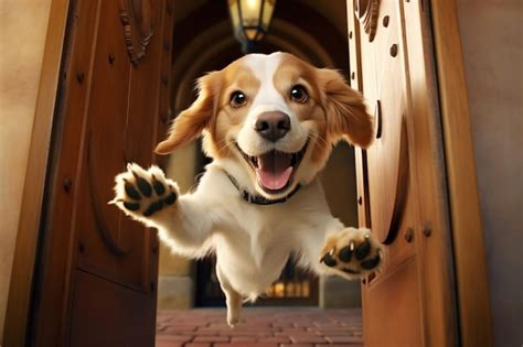 Alegre Bienvenida Saludo De Perro Emocionado En La Entrada De La Puerta