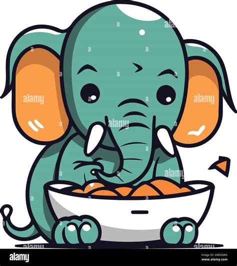 Cute Cartoon Elephant Eating A Bowl Of Food Vector Illustration Stock