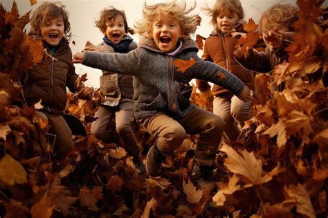 Premium AI Image | Children Jumping in Pile Leaves in autumn