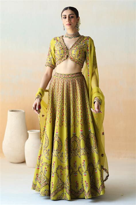 Buy Green Dupion Silk Embroidery Floral V Neck Bridal Lehenga Set For