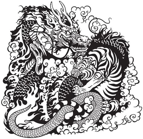 Dragón Chino Contra Tatuaje Blanco Y Negro Del Tigre Ilustración Del