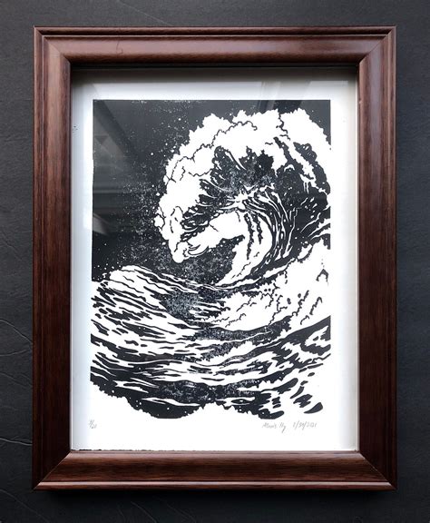 Ocean Wave Linocut Print Black And White Edition Etsy