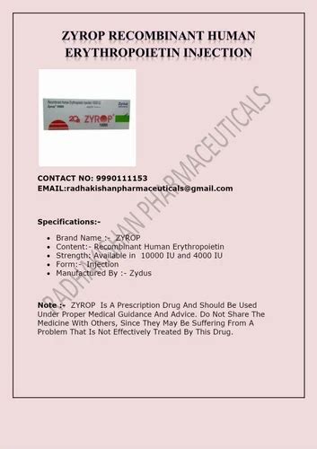 Zyrop Recombinant Human Erythropoietin Injection 10000 Iu