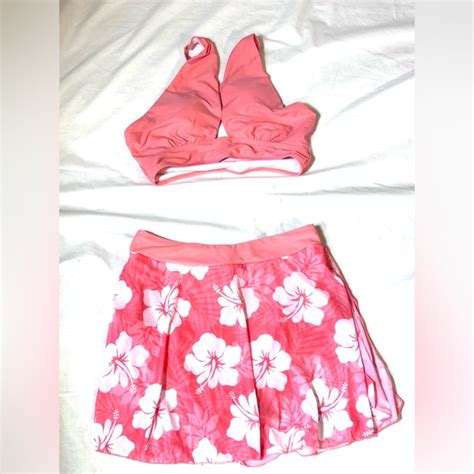 Modlily Swim Modlily Bikini Top And Swim Skirt Coral And White Size Medium Poshmark