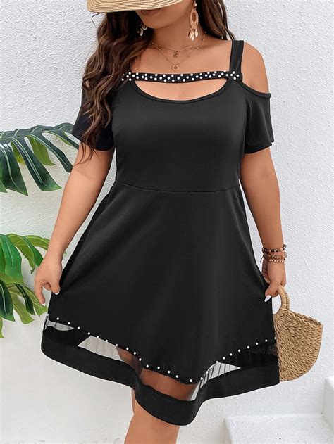 Plus Pearls Beaded Cut Out Cold Shoulder Mesh Insert Dress SHEIN UK