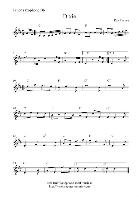 Free tenor saxophone sheet music, Dixie