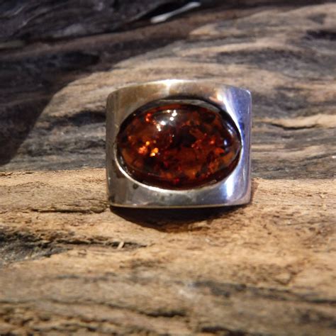 Vintage Mens Amber Silver Ring Amber Sterling Silver Ring 925 Sterling Size 8 Heavy 61 Grams