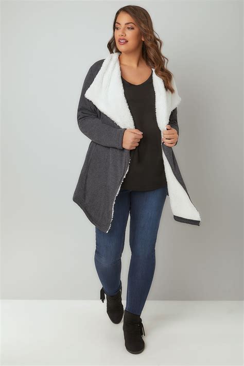 Grey Longline Waterfall Fleece Cardigan Plus Size 16 To 36