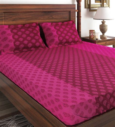 Buy Pink Floral 200 Tc Cotton 1 Double King Size Bedsheet With 2 Pillow