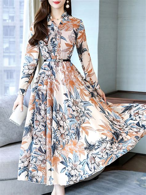 Long Sleeved Waist Retro Big Swing Chiffon Maxi Dress Chiffon Dress