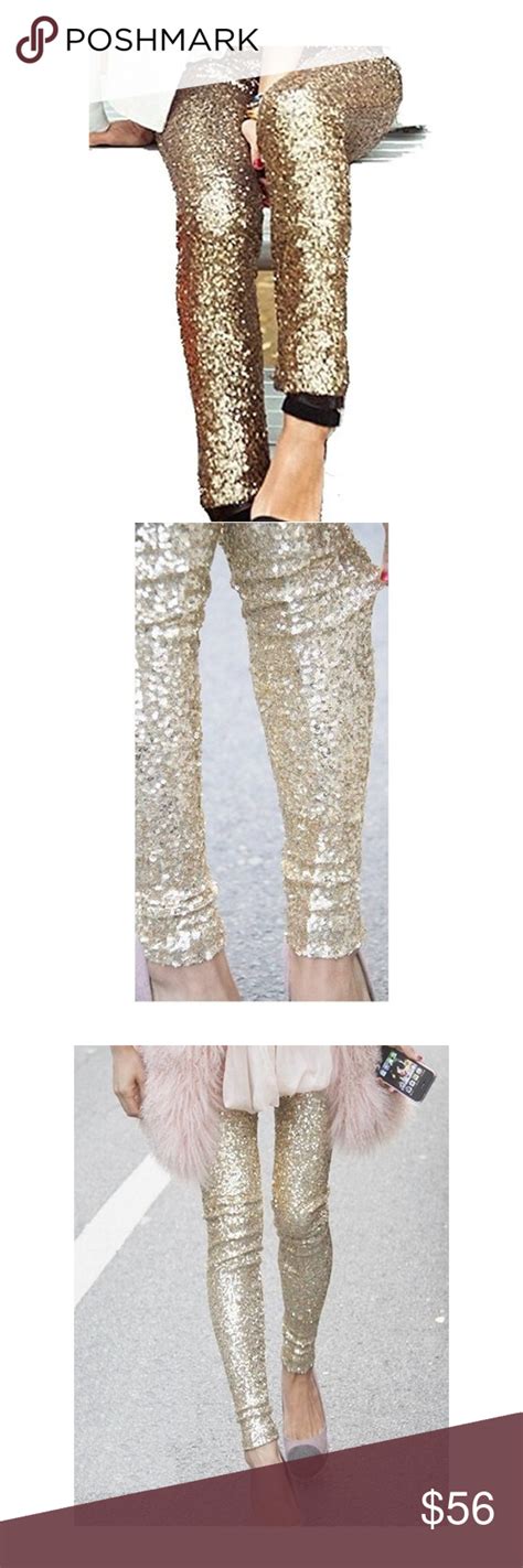 Gold Sequin Leggings Gold Sequin Embellished Leggings With Fitted Black