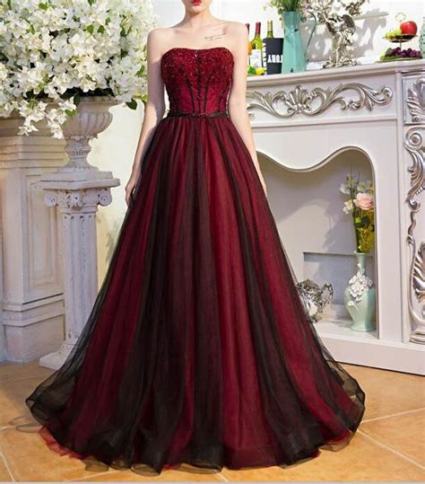 Dark Red And Black Tulle Beaded Long Party Dress, Prom Dress 2018 ...