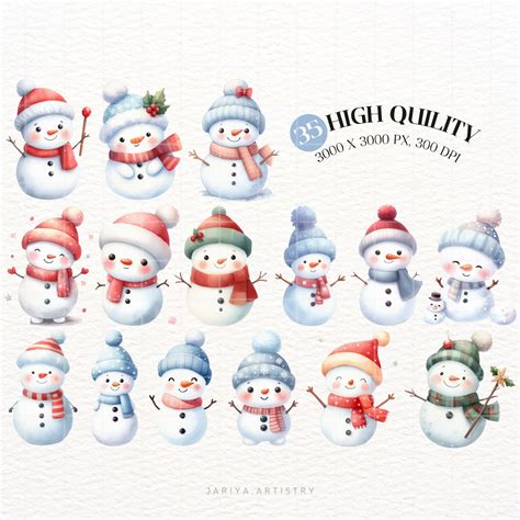 Watercolor Cute Snowman Clipart Bundle Cute Snowman Clipart PNG Cute