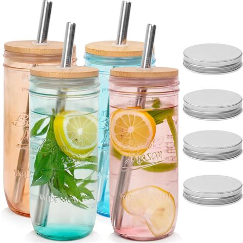 Jinei 4 Sets 20 Oz Mason Jar Cups Glass Mason Jars With Lids And Straws Glass