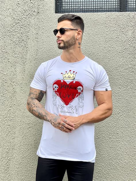 Camiseta Longline Masculina Branca Love Skull Flocada Imperium Store