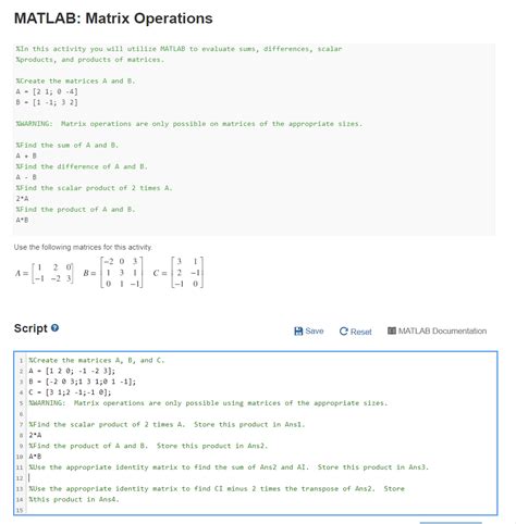 Solved Matlab Question Matlab Matrix Operations In This Activity