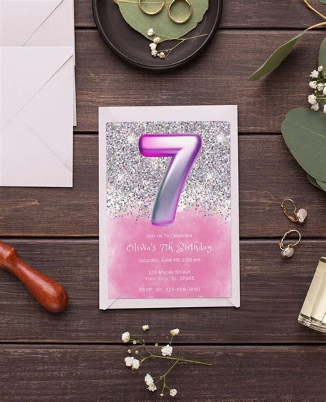 Editable Pink 7th Birthday Invitation Template Glitter Birthday Party