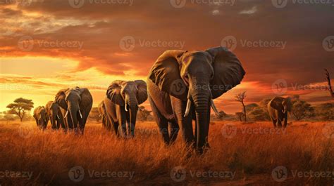 Majestic Elephant Herd Walking in the Savanna Wildlife Safari and ...