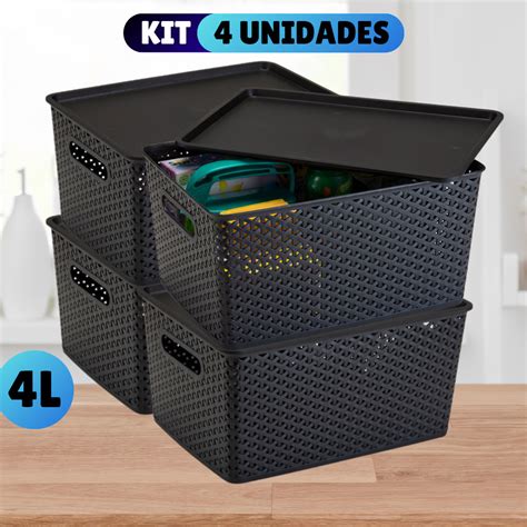 Kit Cesto Caixa Organizadora Rattan Tampa Litros Preto