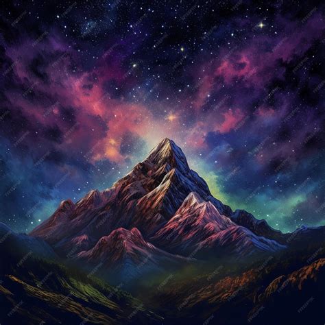 Premium AI Image | A painting of a mountain with a purple sky and the stars above it.