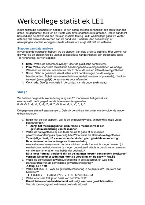 Le1 Werkcollege Leereenheid 1 Statistiek Werkcollege Statistiek Le