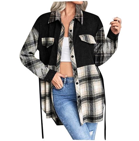 Blvb Women S Fall Clothes Plaid Shacket Jacket Long Sleeve Button Down Lapel Flannel Shirts