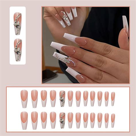 24pcs White Press On Nails With Butterfly Long False Nails Etsy