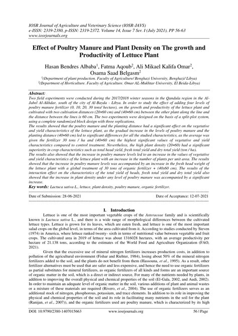 Pdf Effect Of Poultry Manure And Plant Density On The Growth And Productivity Of Lettuce Plant