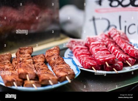 Kyoto Japan Nishiki Market Shop Food Vendor Selling Wagyu Kobe Beef