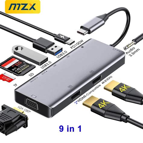 MZX 9 In 1 Docking Station 2 HDMl VGA USB Hub Concentrator Extension