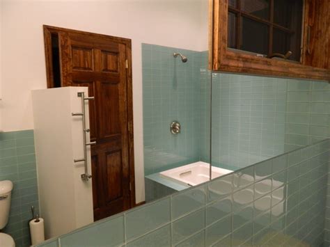 Sage Green Glass Tile Shower Contemporary Bathroom Other By