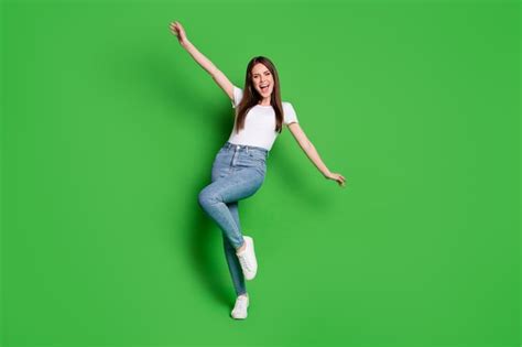 Premium Photo Full Size Photo Of Cute Happy Brunette Hair Young Lady Dancing Wear T Shirt