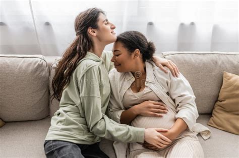 Overjoyed Lesbian Woman Hugging Cheerful Pregnant Stock Photo Image Of Homosexual Overjoyed