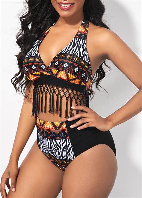 Tribal Print High Waisted Tassel Detail Bikini Set Rosewe Usd