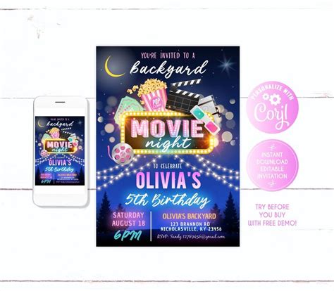 Movie Night Birthday Invitation For Girl Pink Movie Night Birthday