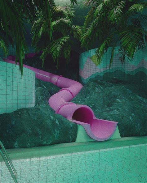 A Pink Slide In The Middle Of A Pool With Rocks And Palm Trees Around It