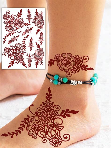 Pieza De Tatuaje Temporal De Henna De Flores Granate Para Mano Y Pie