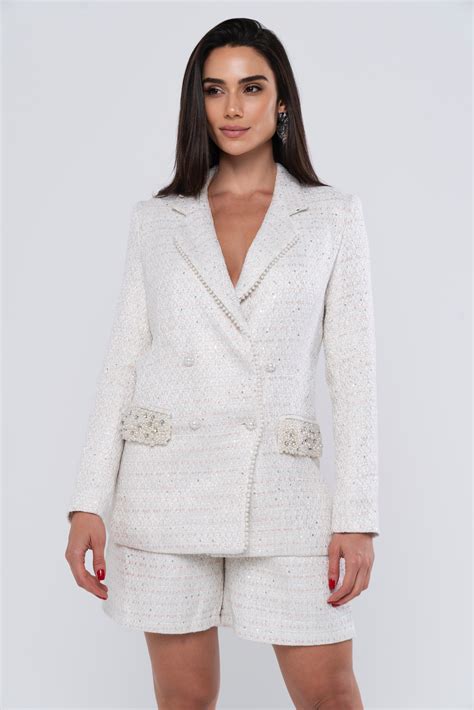 Conjunto Alfaiataria Off White - Conjunto Alfaiataria Tweed Alessia Off White | Nobu Store