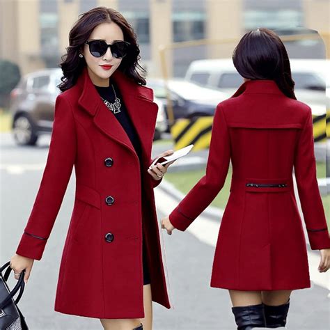 Aabni Women Wool Double Breasted Coat Elegant Long Sleeve Work Office ...