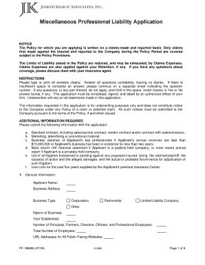 Fillable Online Miscellaneous Professional Liability Application Notice