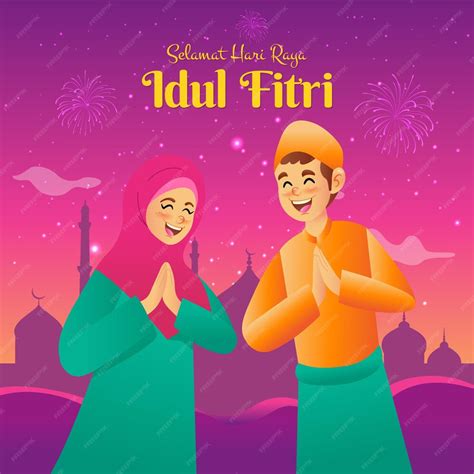 Selamat Hari Raya Idul Fitri は、インドネシア語で幸せなイード ムバラクの別の言語です。背景にモスクで Eid Al Fitr を祝福する漫画のイスラム教徒の子供