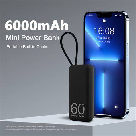 Portable Power Bank Mini Powerbank 6000mah Built In Cable External Spare Battery Bank For Iphone