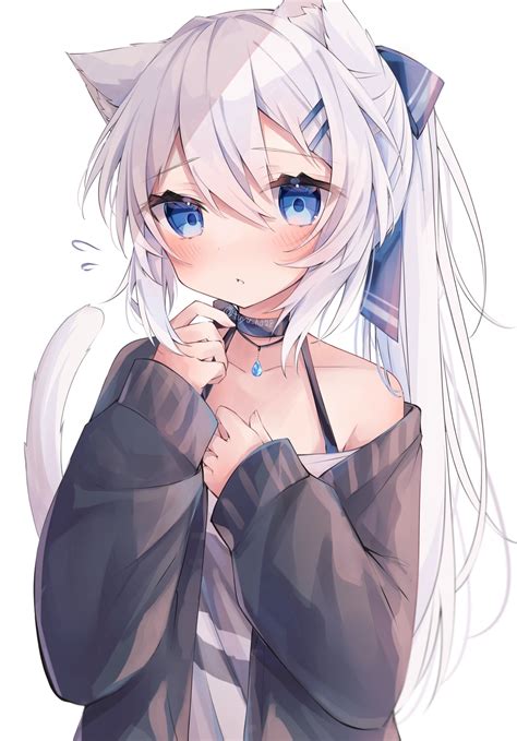 Blue Eyes Necklace Blushing Cat Girl Cat Tail Cat Ears Hd Phone Wallpaper Rare Gallery