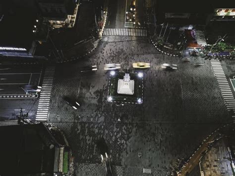 Aerial view of Tugu Jogja or Yogyakarta Monument, Indonesia at night ...