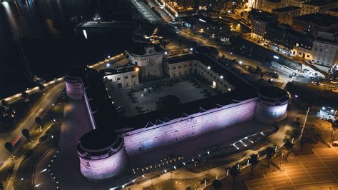 Aerial View of Illuminated Forte Michelangelo at Night, Civitavecchia ...